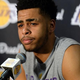 D’Angelo Russell of the Los Angeles Lakers speaks during a news conference to discuss the controversy with teammate Nick Young before the start of the NBA game against the Miami Heat at Staples Center in Los Angeles on March 30, 2016.
Kevork Djansezian/Getty Images